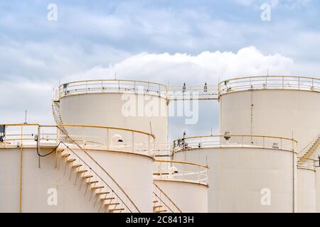 Closeup fuel storage tank in petroleum refinery. White big tank of oil storage. Fuel silo. Liquid petroleum tank. Petroleum oil industrial. Fuel Stock Photo