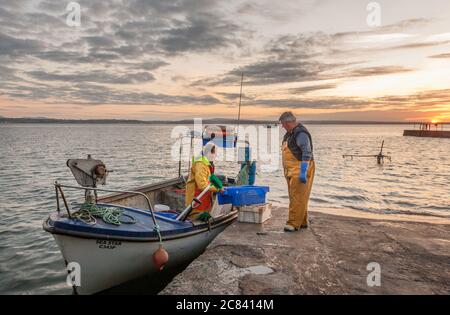Knockadoon, Cork, Ireland. 21st July, 2020. Father and son Vincent and Barney O'Brien load bait on to their boat at sunrise prior to headng out for a days fishing in Knockadoon, Co. Cork, Ireland. - Credit; David Creedon / Alamy Live News Stock Photo