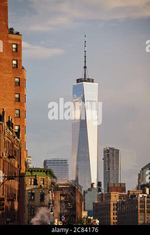 New York, USA - June 28, 2018: One World Trade Center seen from the 7th Avenue at sunset. Stock Photo