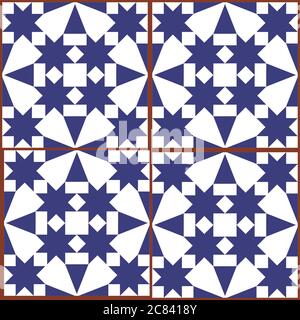 Moroccan and Turkish geoemetic tile seamless vector pattern, indigo textile design with stars and abstract shapes Stock Vector