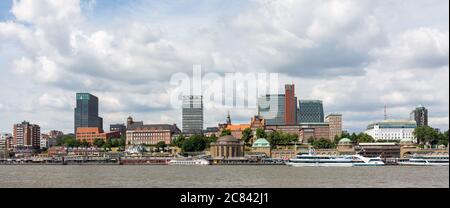 View on Hamburg Altona with Elbe river in the foreground. The round building in the middle is the entrance to the Elb-Tunnel.