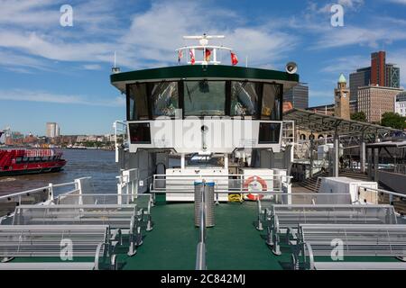 On the deck of an empty ferry at the port of Hamburg. The ferries run by HADAG are part of Hamburg's public transportation system. Stock Photo