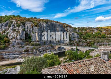 The bridge over the river Ardeche near the old village Balazuc, which is recognized as historical heritage and is considered as one of the charming vi Stock Photo