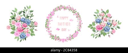 Vector design elements flowers and leaves , Flowers pink rose, blue rose, sakura, Green leaves, Design happy mother day cards, Greeting Card, Poster, Stock Vector