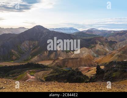 Colorful Rhyolit Landmannalaugar mountain panorma with multicolored volcanos and volcanic lake at Fjallabak Nature Reserve in Highlands region of Stock Photo