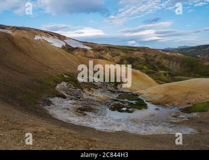 Panorma of Colorful Rhyolit Landmannalaugar mountain with multicolored volcanos and sulphur pool with geothermal fumarole at Fjallabak Nature Reserve Stock Photo