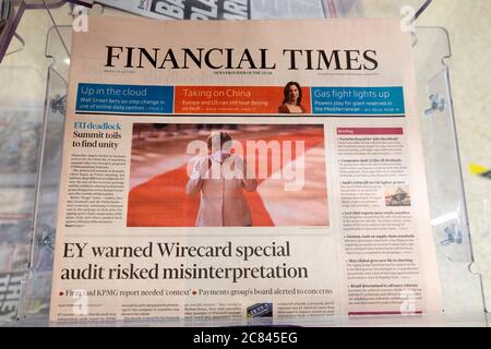 Financial Times FT newspaper headline on front page 20 July 2020 'EY warned Wirecard special audit risked misinterpretation' KPMG report London UK