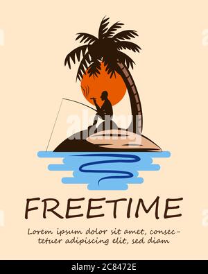 A man are fishing and smoking comfortably. On an island in the middle of the sea that has coconut trees. Stock Vector