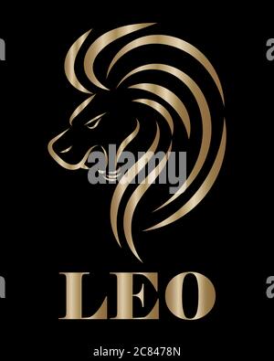 Golden line logo of lion head. It is sign of leo zodiac. Stock Vector