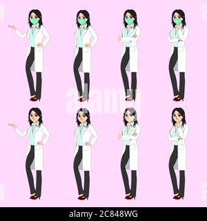 Vector illustration of a female doctor wearing a mask and coat. It has eight gestures on the pink background. Stock Vector