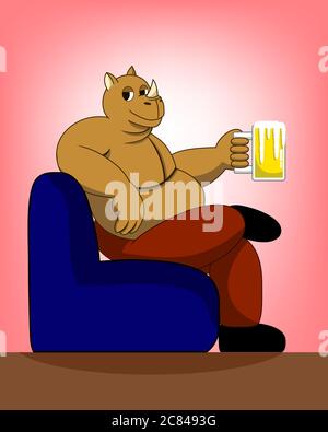 A rhino is sitting and drinking beer on sofa. It looks good and happy. Stock Vector
