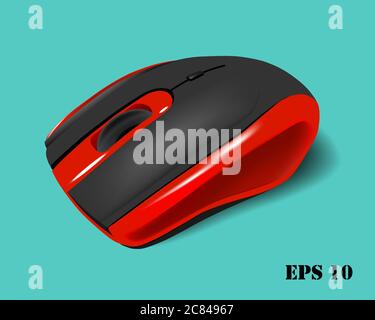 Vector illustration of Red and black wireless mouse on a blue background. Stock Vector