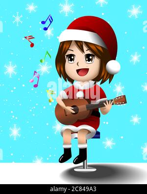 Cartoon vector illustration eps 10 of girls wearing Santa Cross outfit. She is playing guitar and singing Merry Christmas And Happy New Year song. It Stock Vector