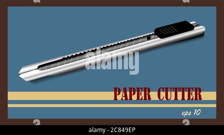 Vector illustration of a silver paper cutter knife with a blue vintage background. Stock Vector