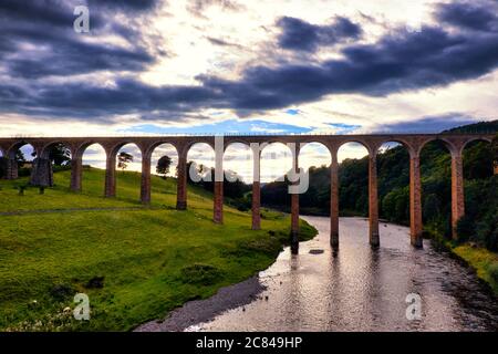 Leaderfoot Railway viaduct spanning the River Tweed near Melrose in the Scottish Borders area of Scotland Stock Photo