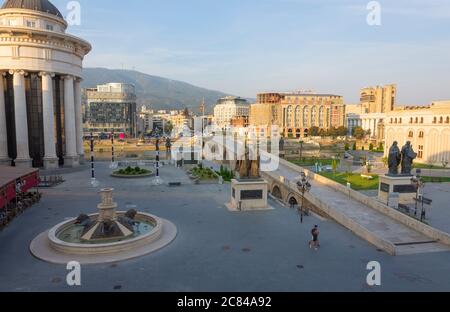 Historical City Center, Monument of St. Cyril and Methodius, Archeological Museum, Old Stone Bridge and Statue of Alexander The Great.Skopje Macedonia Stock Photo