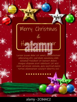 Vector illustration of a Christmas card, it has red background decorated with many colorful Christmas balls and golden stars, snow and snowflakes. And Stock Vector