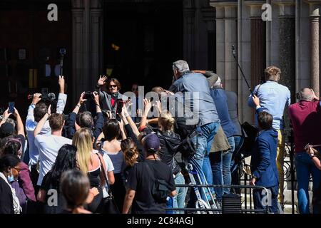 London, UK.  21 July 2020.  Johnny Depp, Hollywood actor, arrives at the High Court to attend his libel case.  Mr Depp is suing The Sun newspaper’s publisher News Group Newspaper, as well as executive editor Dan Wootton, for calling him a ‘wife beater’ in 2018. Mr Depp also that claims allegations of violence against Heard are untrue.  The case continues.  Credit: Stephen Chung / Alamy Live News Stock Photo