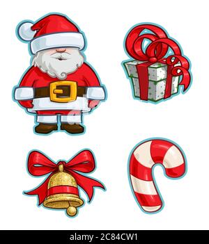 Vector Cartoon Icon set of Santa Claus, a Green Wrapped Red Ribbon Bow Gift, a Christmas Bell and a Candy Cane. Illustrations Lines, Color, Shadows an Stock Vector