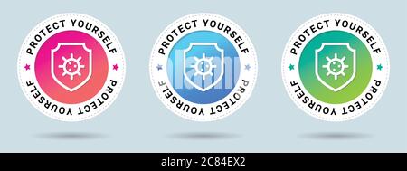 Protect yourself stamp vector illustration. Immune system concept. Hygienic medical shield protecting from coronavirus COVID-19. Stock Vector