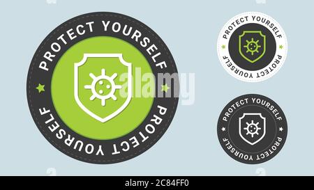 Protect yourself stamp vector illustration. Immune system concept. Hygienic medical shield protecting from coronavirus COVID-19. Stock Vector
