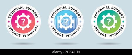 Gear with question mark icon. Technical Support stamp vector illustration. Vector certificate icon. Set of 3 beautiful color gradients. Stock Vector