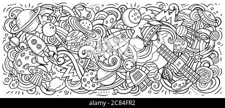 Space hand drawn cartoon doodles illustration. Sketchy vector banner Stock Vector