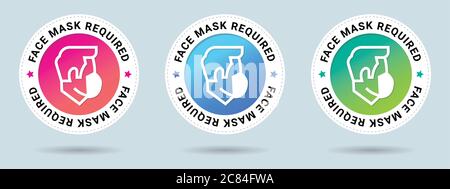 Face Mask Required stamp vector illustration. Vector certificate icon. Set of 3 beautiful color gradients. Vector combination for certificate. Stock Vector