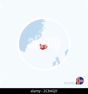 Map icon of Iceland. Blue map of Europe with highlighted Iceland in red color. Vector Illustration. Stock Vector