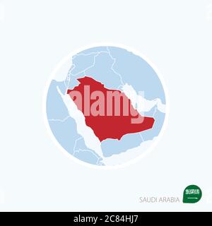 Map icon of Saudi Arabia. Blue map of Middle East with highlighted Saudi Arabia in red color. Vector Illustration. Stock Vector