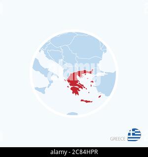 Map icon of Greece. Blue map of Europe with highlighted Greece in red color. Vector Illustration. Stock Vector