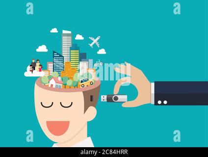 Businessman hand holding usb flash drive to connect other businessman with head full of dreams. Vector illustration Stock Vector