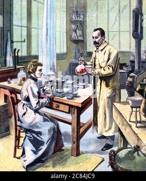 MARIE AND PIERRE CURIE discover radium  chloride in a 1904 French magazine illustration. They made the discovery in 1898. Stock Photo