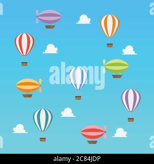 Airships and hot ait balloon flying on blue sky. Vector illustration. Transportation concept Stock Vector