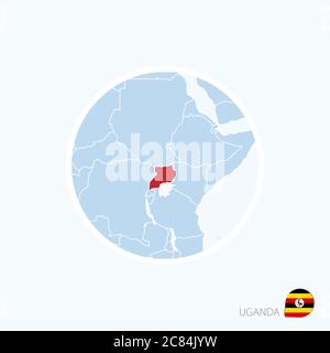 Map icon of Uganda. Blue map of Africa with highlighted Uganda in red color. Vector Illustration. Stock Vector