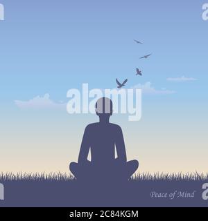 meditating person on summer meadow at sunshine vector illustration EPS10 Stock Vector