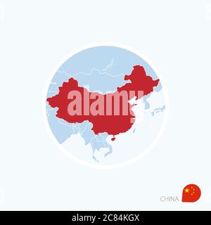 Map icon of China. Blue map of East Asia with highlighted China in red color. Vector Illustration. Stock Vector