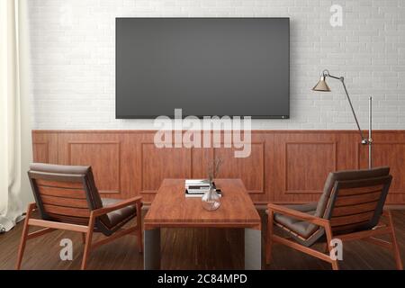 TV screen mockup on the white brick wall with classic wooden decoration  in living room. Front view, clipping path around screen Stock Photo