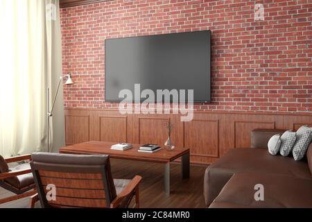 TV screen mockup on the red brick wall with classic wooden decoration  in living room. Side view, clipping path around screen Stock Photo