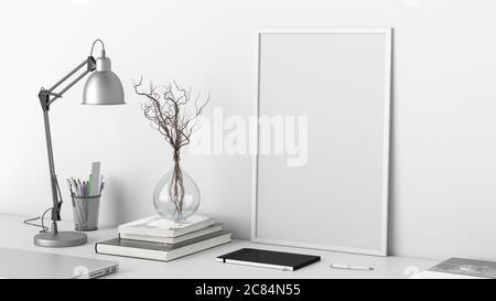 Vertical poster frame mockup on the white table of home studio workspace with white wall. Side view, clipping path around poster picture. 3d illustrat Stock Photo