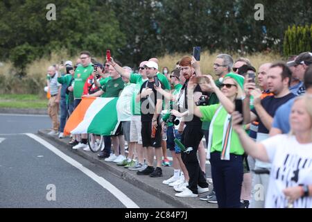 Irish football fans gather at Walkinstown Roundabout, Dublin to celebrate the life of former Republic of Ireland manager Jack Charlton at the same time of funeral in Newcastle. The World Cup winner, died on July 10 aged 85. Stock Photo