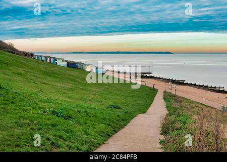 Tankerton slopes,in,Winter,Shingle Beach,Calm Sea,Isle of Sheppey,in,Background,  Tankerton,Whitstable,Kent,England Stock Photo