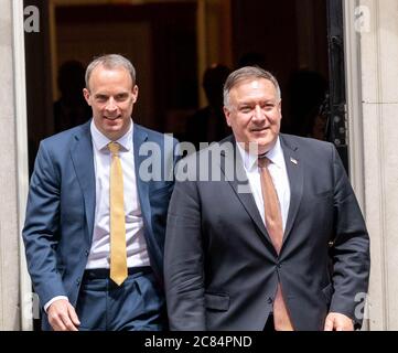 London, UK. 21st July, 2020. Mike Pompeo US Secretary of State at a meeting with Boris Johnson, MP Prime Minister and Dominic Raab, Foreign Secretary Mike Pompeo, Secretary of State (right) and Dominic Raab, Foreign Secretary leave 10 Downing Street, Credit: Ian Davidson/Alamy Live News Stock Photo