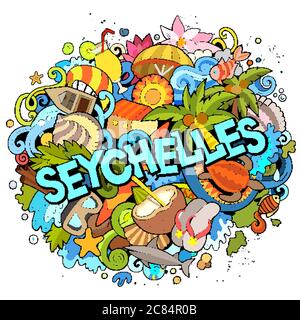 Seychelles hand drawn cartoon doodles illustration. Funny travel design. Stock Vector