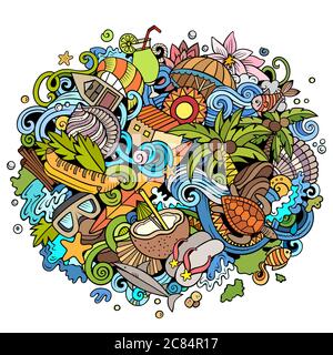 Seychelles hand drawn cartoon doodles illustration. Funny travel design. Stock Vector