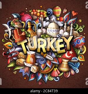 Turkey hand drawn cartoon doodles illustration. Funny travel design. Stock Vector