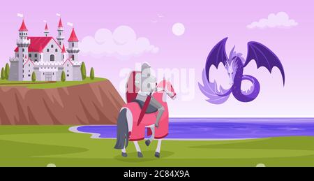 Knight fighting with water dragon vector illustration. Cartoon flat fairytale battle scene between brave prince knight in armor and dragon to save princess from castle, fairy tale story background Stock Vector