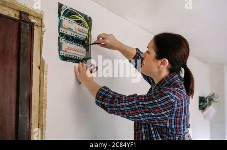 Electrician working on the distribution panel of a house Stock Photo