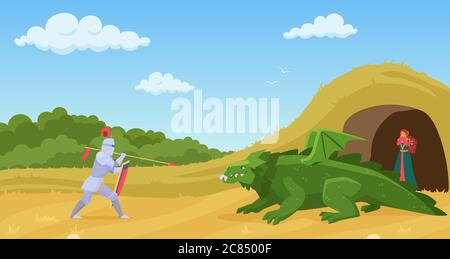 Fight with dragon vector illustration. Cartoon flat knight warrior in armor with spear and shield fighting with green fantasy creature monster dragon to save lady from cave, fairy adventure background Stock Vector