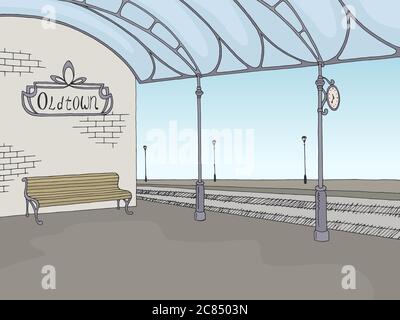 Railway station graphic train platform color sketch illustration vector Stock Vector